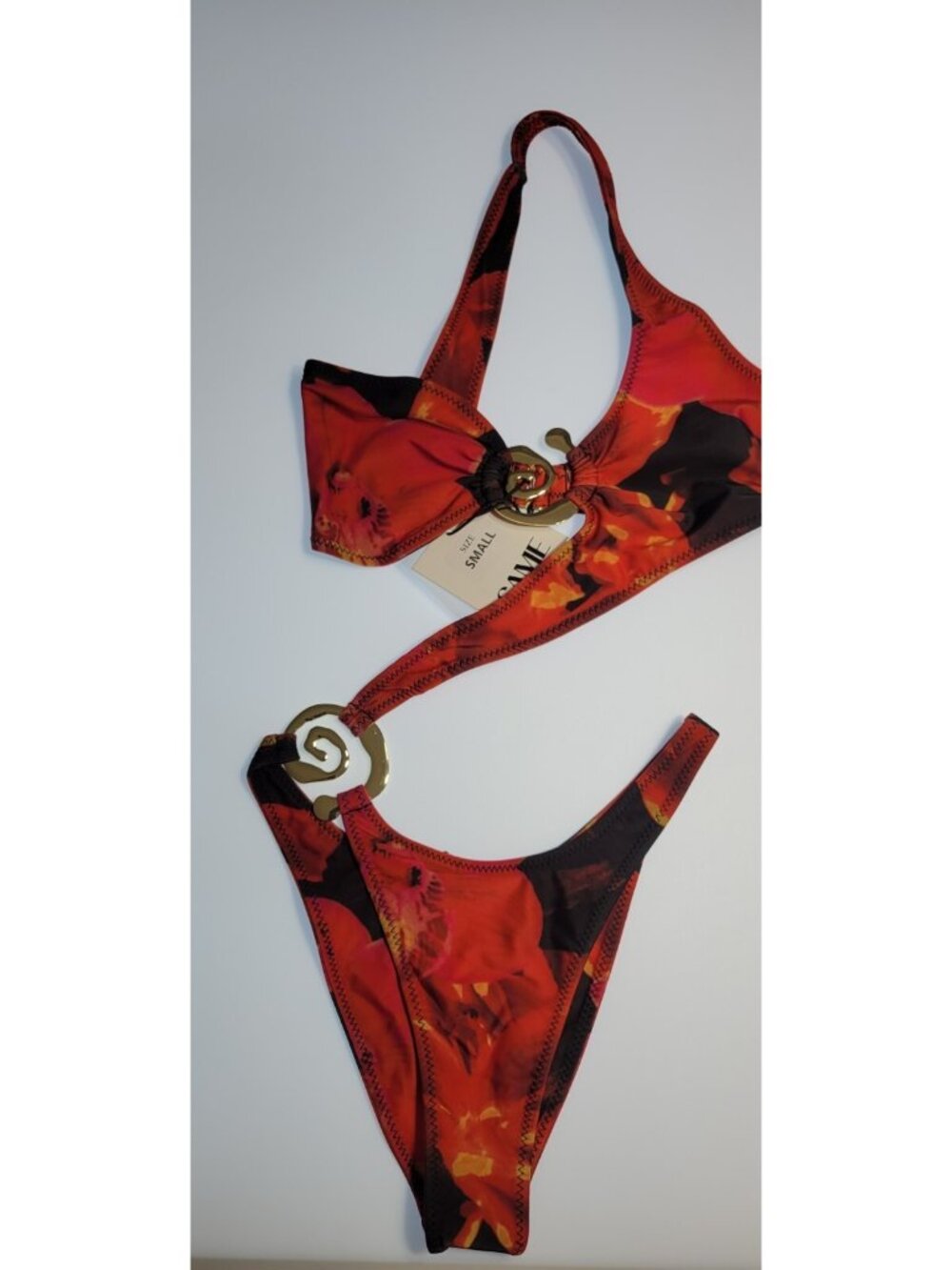 SAME Los Angeles Swim Womens Spiral one Shoulder One Piece Color Red Tropical M